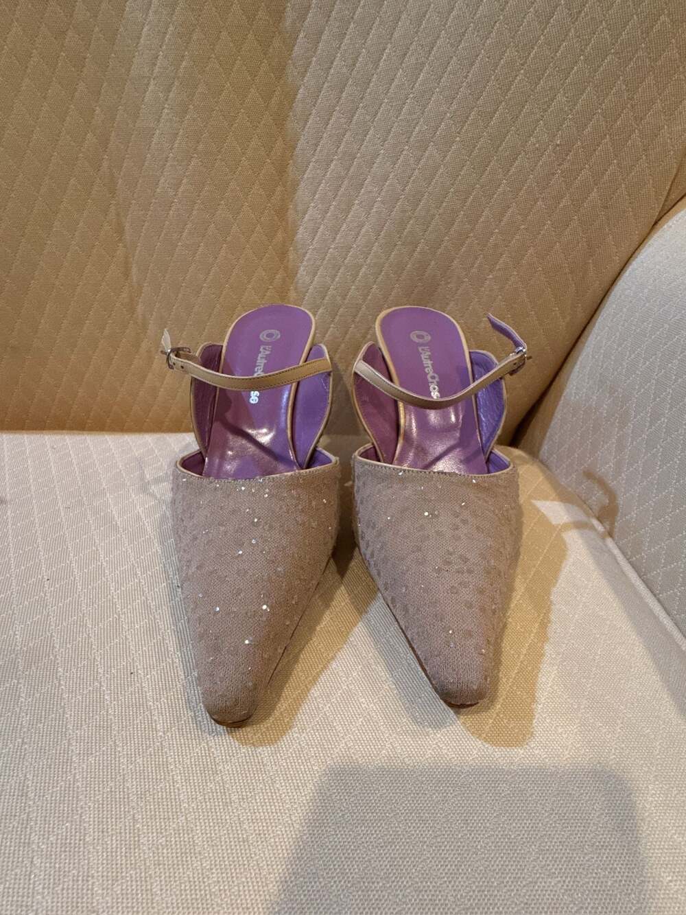L'Autre Chose Beige Embellished Pointed Toe Slingback Kitten Heels Size 37